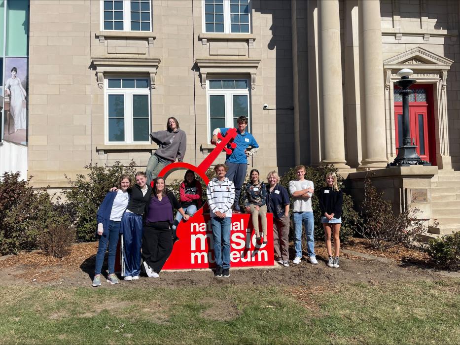 All-State Choir delegates from Dakota Valley High School participated in a workshop at the University of South Dakota. The group is pictured at the National Music Museum in Vermillion. Back row, from left: Millie Foster and Hunter Wood. Front row, from left: Eva Hale, Kaylee Wieck, DV choir director Kari Wilmes, Shia DeAnda-Dietrich, Kayden Coward, Madi DeAnda-Dietrich, Abianna Gorter, Eston Monical and Jaycie Rush. Submitted photo