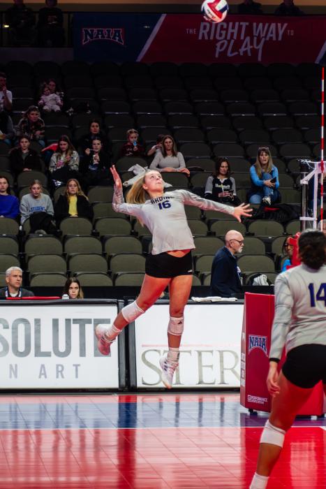 Husky alum Bentlee Kollbaum is seen here playing for Bellevue University during the NAIA national volleyball tournament on December 3-9, 2025. 