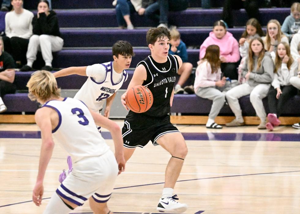 Panther senior Tatum Sorensen, who has been having a standout season for Dakota Valley, re‑corded a double‑double at the Jan. 24 Hanson Classic. He is shown competing in an early‑sea‑son game against Beresford. Photo courtesy of Squier Designs