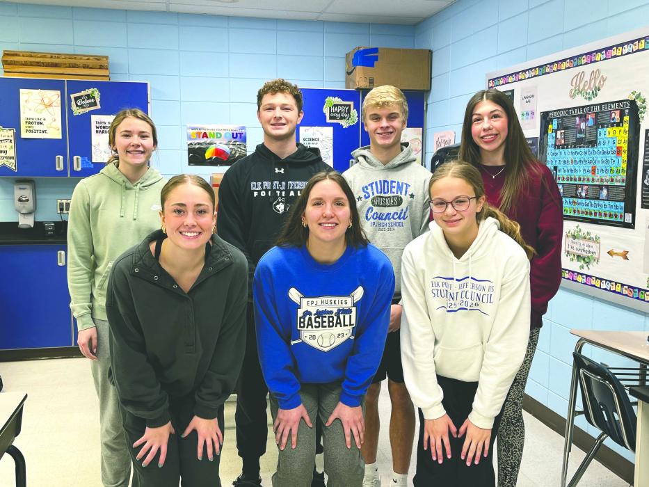 High school members of Elk Point‑Jefferson’s student council coordinated a “Generosity Week” in December and hosted a coat drive in January. Back row, from left: Laney Trometer, Caleb Heuertz, Dawson Fullenkamp and Hailey Schmitz. Front row, from left: Molly Geary, Cera Schmitz and Lorelai Cluts. Submitted photo