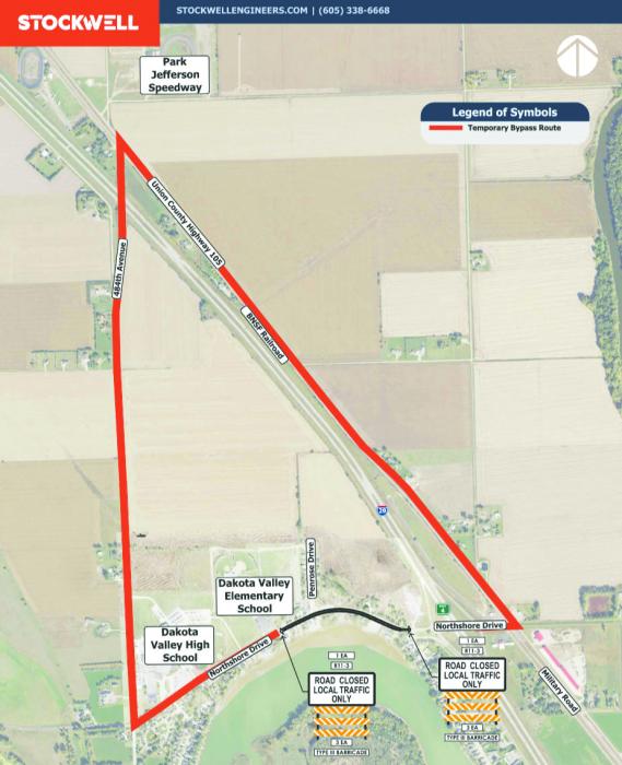 The west‑side detour route will serve as the only access point for the Northshore neighborhood and Dakota Valley campus during Phases 1 and 2 of construction. All traffic must enter from Highway 105 until mainline paving is complete. Graphic courtesy of Stockwell