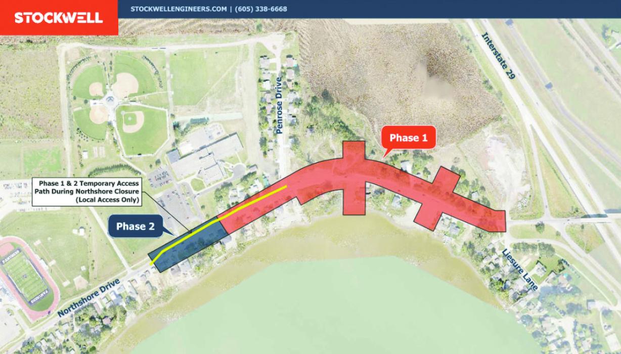 A city map shows the full closure of the east end of Northshore Drive beginning April 1 as Phase 1 of the reconstruction project gets underway. Only residents living inside the work zone will be allowed through the barricades. Graphic courtesy of Stockwell