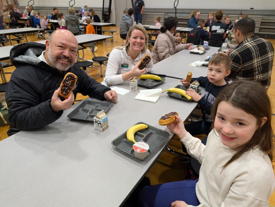 The Morgan family, of Dakota Dunes, all attended Donuts with Grown-Ups at Dakota Valley on Tuesday, March 3rd.  Back (L-R): Sarah Morgan and Cam Morgan Front (L-R) Travis Morgan and Cate Morgan