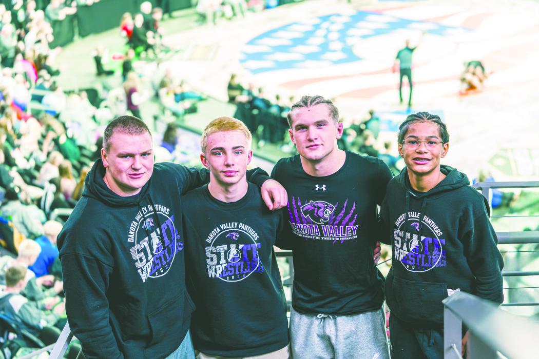Dakota Valley’s state wrestling qualifiers gather for a team photo at the 2026 state tournament in Sioux Falls. From left are Cooper Bernard, Landen Adams, Bennett Lukken and Darian Feese. Submitted photos