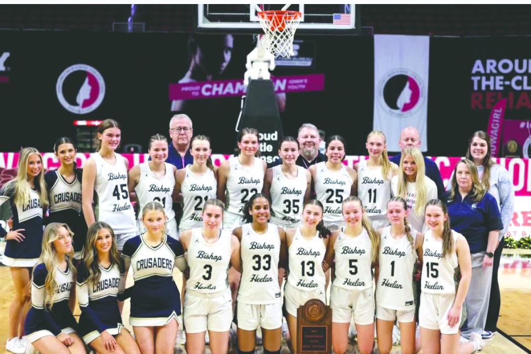 Bishop Heelan made it to the “Final Four” of the Iowa Class 4A girls state basketball tournament for 2026. Front row from left: Emma Anson, Anna Brownell, Reagan Uhl, Savanah Lohr, Trishelle Miller, Ashleigh Jochum, Ella Otten, Ellie Topf, Aubrey Billings.  Second row from left: Cailey Toft, Lily Sorenson, Reagan Hensley, Kennedy Bainbridge, Colby Carroll, Melina Snoozy, Shannon Cleary, Eliana Ross, Maggie Vaandrager, Maddy Schermerhorn, Assistant Coach Jessica Carson.  Third Row fron left: Head Coach Darro