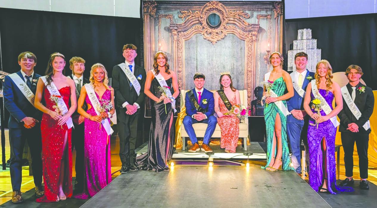 DV Prom Court 2026 (L-R): Grady Ramos, Claire Munch, Bennett Lukken, Josie Hall, Cash Slater, Ashley Jelken, King Matt de Beer, Queen Mia Riibe, Payten Konopasek, Seth Reinhardt, Samantha Kimbell and Noah Graham. Photo by Kelly Riibe • times2reporter@gmail.com