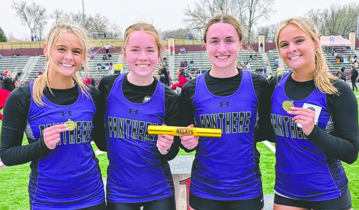The Panther girls 4x200m relay team broke the school record and bested all classes to claim gold on April 11, 2026. From left: Millie Squier, Mallory Riibe, Emma Honner, and Ava Squier. Photo by Kelly Riibe • times2reporter@gmail.com