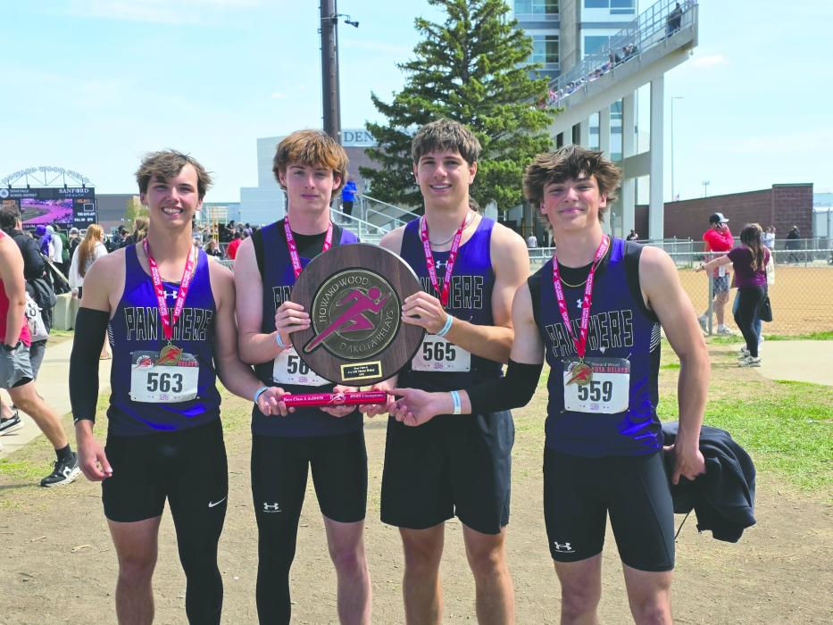 The Dakota Valley boys 4x100‑meter relay team set a school record of 43.45 to win at the Howard Wood Dakota Relays on May 2, 2026. From left: Ethan Seaton, Jackson Shoulders, Tatum Sorensen and Cam Colt. Submitted photo