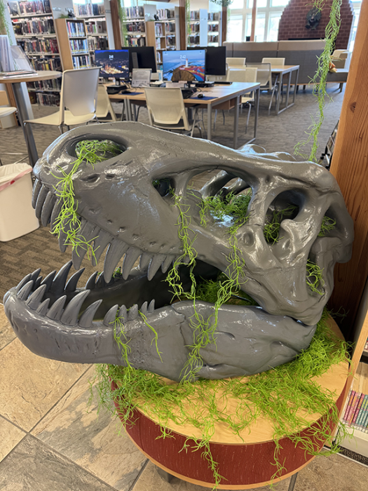 The prehistoric display in‑cludes a 3D‑printed dinosaur skull created and donated by local resident Max Lacugnato. Submitted photo