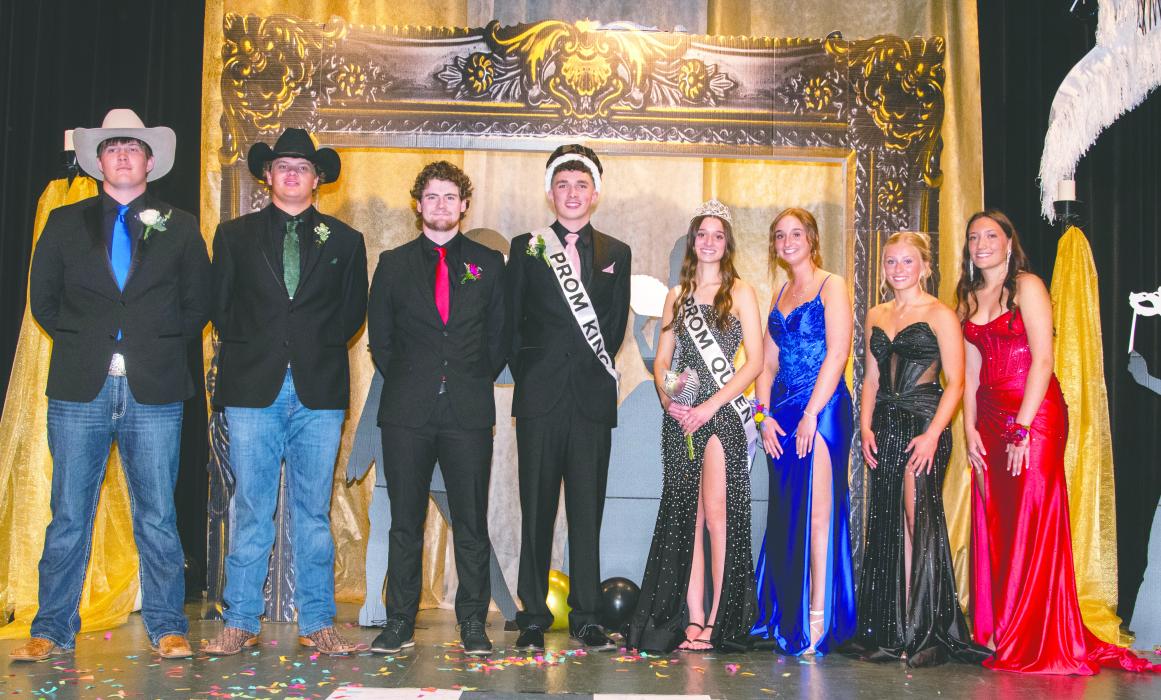 Eight Huskies were selected for the 2026 Elk Point‑Jefferson prom court. From left: Keaton Hinds, Jace Shatswell, Charlie Suing, King Tanner Nieman, Queen Chloe Niles, Kylee Peirce, Makinley Hammitt and Jersey Albertsen. Photo by Peterman Sports Photography • stevepeterman5@gmail.com