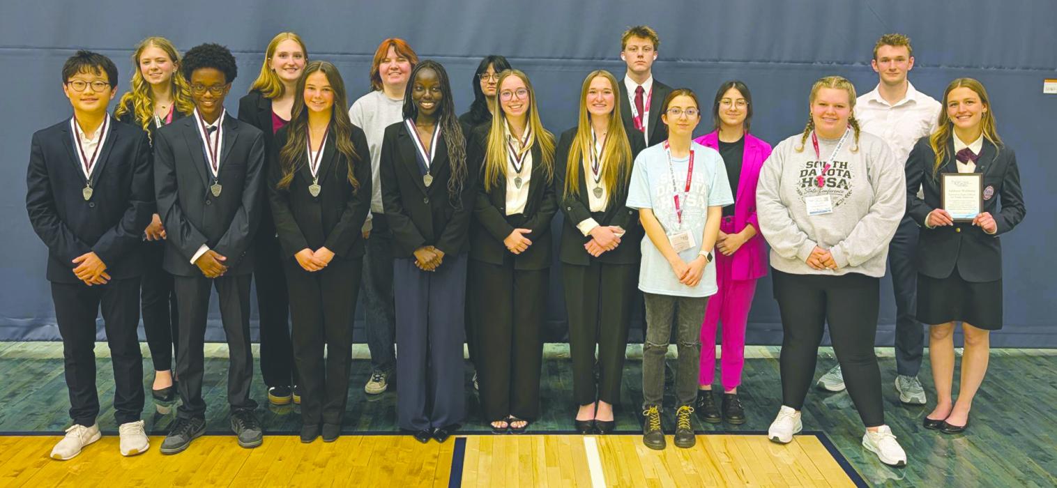 Multiple DV students attended the SD HOSA Leadership Conference on April 16-17, 2026. Back row from left: Cambria Monk, Teagan Meyer, Abianna Gorter, Stella Durr, Owen Norby, Shia DeAnda-Dietrich and Eston Monical. Front row from left: Zyon Yi, Zakaria Yussuf, Madison Smith-Rambo, Achai Kual, Elizabeth Hamm, Isabella Monical, Madison DeAnda-Dietrich, Kinlei Nichols and Addison Wubbena. Submitted photo