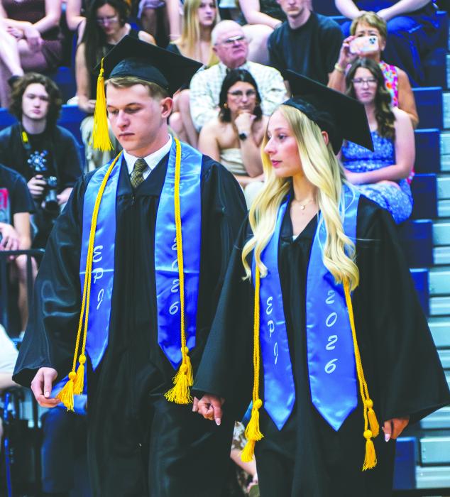 Austin Clercx and Makinley Hammitt are seen here walking during EPJ’s graduation ceremony on May 16, 2026. Photo by Peterman Sports Photography • stevepeterman5@gmail.com