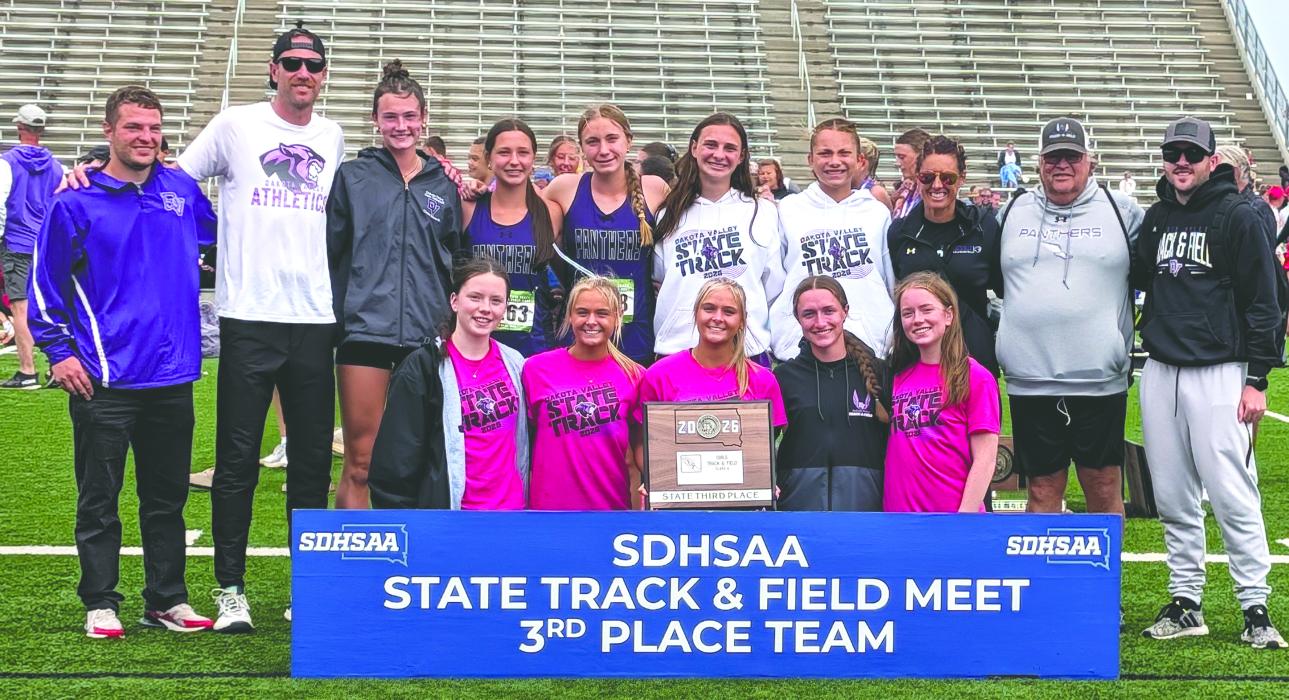 Dakota Valley claimed a third‑place team finish at the Class B state meet on May 30, 2026. Back row, from left: Coach Kaleb Martin, Coach Ben Blaeser, Claire Munch, Julia Bernard, Alex McCullough, Raegan Kauffman, Kaitlyn Daschel, Head Girls Coach Tammy Lilly, Head Boys Coach Vincent Tucker and Coach Dylan Lindstrom. Front row, from left: Mia Riibe, Millie Squier, Ava Squier, Emma Honner and Mallory Riibe.       Photo by Kelly Riibe • times2reporter@gmail.com