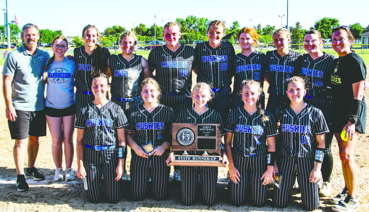 The Elk Point-Jefferson softball team were runners-up at the Class A state tournament in Aberdeen on June 6, 2026. Back row from left: Assistant Coach Josh Nearman, Manager Haley Harkness, Addison Jacobs, Bailey Johnson, Breann Johnson, Camryn Norris, Alexis McDermott, Laney Trometer, Sailor Kommes and Head Coach Amber Otkin. Front rowm from left: Paige Jacobs, Regan Rasmussen, Makinley Hammitt, Molly Geary, and Cera Schmitz. Photos by Peterman Sports Photography • stevepe