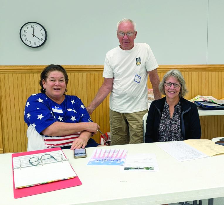 St. Peter’s Community Center, in Jefferson, served as a voting location on July 28, 2026 for South Dakota’s first ever governor runoff. From left Kellye Dailey, Ron Kistner, and Mary Lou Olson were poll workers at this site. Photo by Kelly Riibe • times2reporter@gmail.com