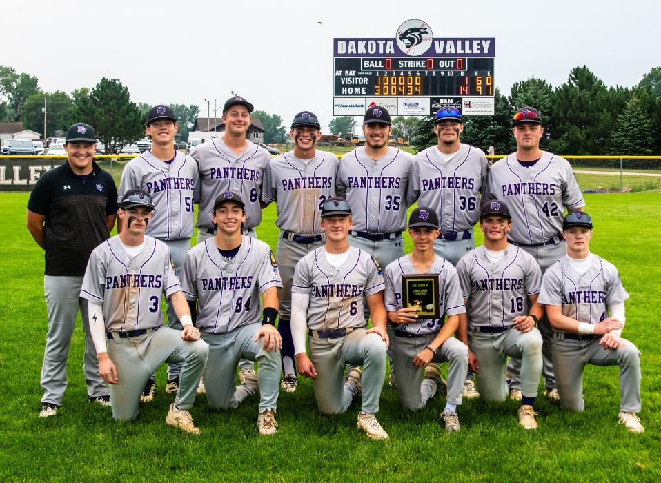 The Dakota Valley senior legion team won Region 3B on July 23, 2026 to advance to the state tournament. Back Row (L-R): Coach Caleb Deist, Bryce Anderson, Sterling Schauff, Grady Ramos, Micah Dembowski, Will Schnabel and Vincent Hoffman. Front Row (L-R): Jackson Shoulders, Jack Wiese, Jake Pick, Reid Huber, Noah Graham and Jack Jones. Photo by Peterman Sports Photography • stevepeterman5@gmail.com