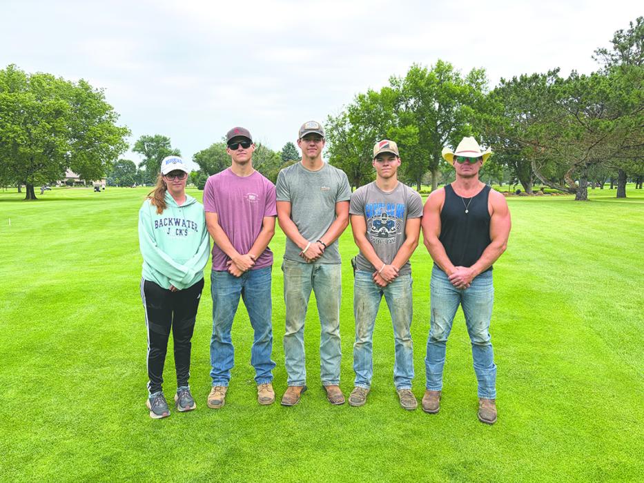 The Pointe Golf &amp; Event Center Superintendent Dave Nelson, far right, poses with his grounds maintenance crew on the course in Elk Point. Nelson, who has overseen the facility’s daily turf operations and upkeep since 2019, leads a dedicated staff that includes crew members, from left, Sydney Bousquet, Josh Nelson, Isaac Nelson, and Jerod Nelson. Bousquet joined the maintenance team in 2021, while Josh, Isaac, and Jerod have been working alongside Superintendent Nelson since 2019. Submitted photo