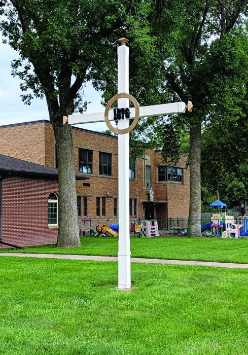 This is one of the three 'Grasshopper Crosses' in Jefferson, South Dakota. This one is located near St. Peter's Community Center on Main Street.