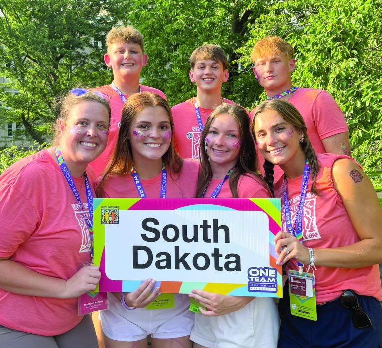 Dakota Valley participants gather during the Best Buddies Leadership Conference at Indiana University. From left: Advisor Madison Kenney, Emily Olhausen, India Orr, Payten Konopasek, Logan Brandon, Tyce Emrich and Ian Weber. Submitted photo