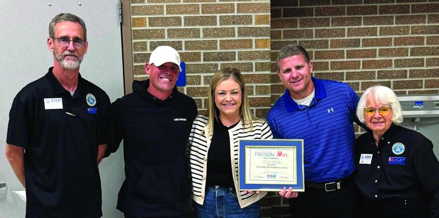 Elk Point-Jefferson Schools was awarded the Freedom Award, on August 19, 2026, by officials with the Employer Support of the Guard and Reserve (ESGR) organization. From left: ESGR South Dakota State Chair Ralph Borkowski, Jeremy Otkin - EPJ 3rd grade teacher, Laura Throener- EPJ’s Elementary Principal, Skyler Eriksen- EPJ’s High School Principal, and State Awards Coordinator Karon Gubbrudfrom ESGR. Submitted photo