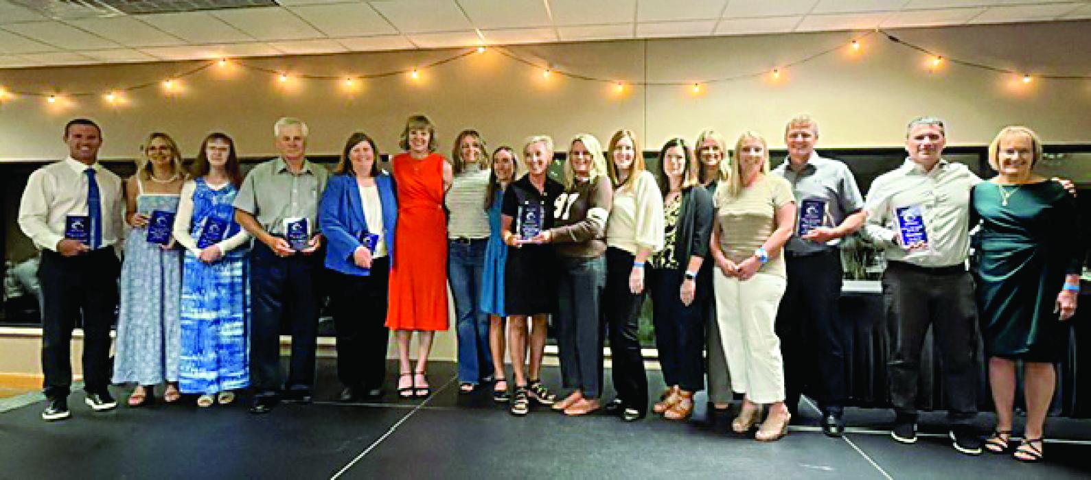 The inaugural hall of fame class for Elk Point-Jefferson was inducted and celebrated on September 8, 2026. Inductees included (L-R): Jason Donnelly, Shawna (DeSmet) Schmidt, Rita Ahman, Daryl Fletcher, Stephanie (Limoges) Schmitz, Nina (Rozell) Gerd, Andrea (Davis) Anderson, Gina (Mollet) Mitchell, Amy (Spiering) Erlandson, Traci (Bennett) Kollbaum, Anne (Eidem) Allen, Leah (LaFerrier) Padilla, Emily (Fletcher) Reilly, Erika (McInerney) Hammitt, Matt Hammitt, Derek Pirner and Marcia Knutson. Submitted photo