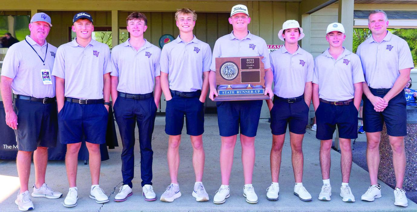 The Panthers were Class A runner-ups at the state golf meet, in Mitchell, South Dakota, after strong rounds of play on October 5-6, 2026. From left: Head Coach Rodd Slater, Sean Meiske, Cash Slater, Geoff Nelson, Logan Brandon, Tate Cornelsen, Atticus Slater and Assistant Coach Jacob Sittig. Photo courtesy of SDPB