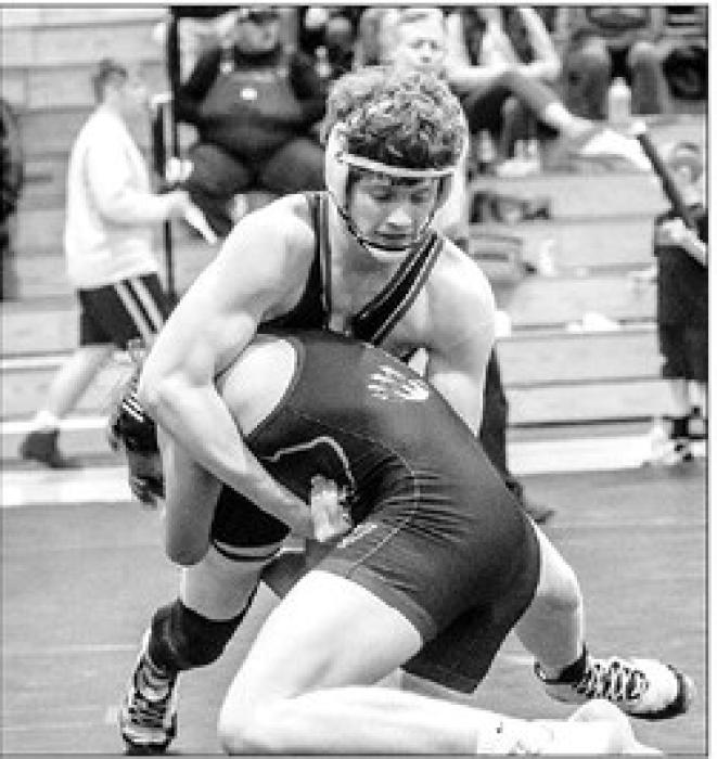 Noah McDermott makes a move against Mason Pulse of McCook Central/Montrose in the 182-lb bracket. He took 2nd place in the Region 2B meet in Salem Feb. 18.