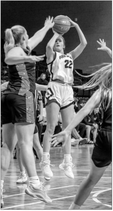 Aubree Worden, #22 for DV, takes a jump shot against Spirit Lake.