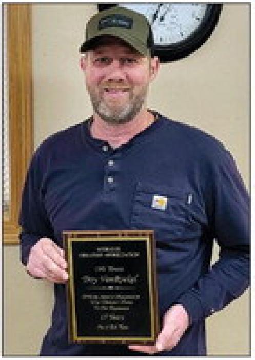 Mark Hanson, Dan Hutcheson, Jacob Limoges (group photo) and Troy VanRoekel (single photo) were recognized for their 15 years of employment to the City of Elk Point.
