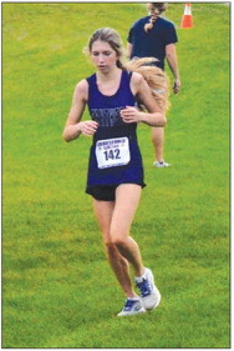 Finley Huber runs at the Beresford cross country invitational Aug. 26. She helped the girls obtain their 4th place finish. Photo by Kelly Riibe