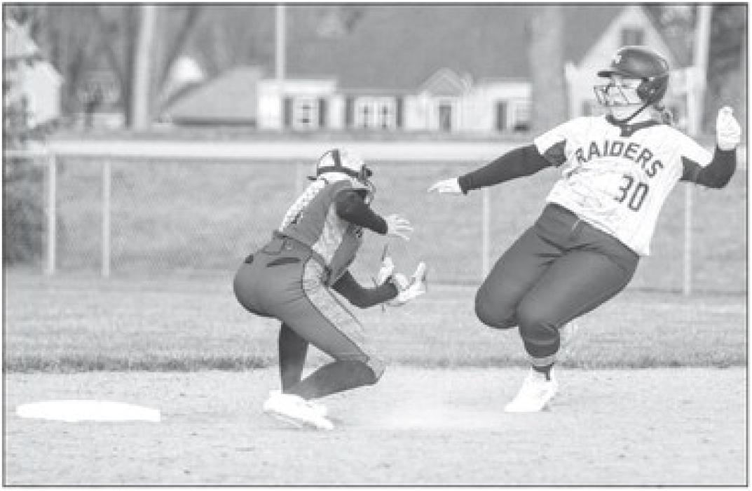 Makinley Hammitt secures an out at second base against Gayville-Volin on April 11. Photo by Peterman Sports Photography • times1reporter@gmail.com